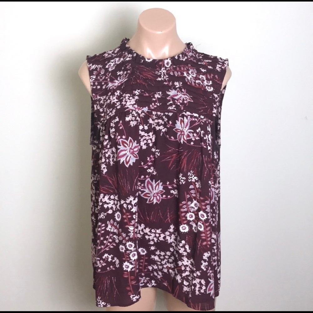 Loft Floral Sleeveless Top Keyhole Ruffle Purple